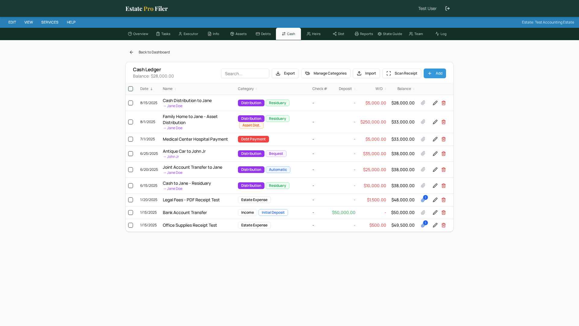EstateProFiler Cash ledger showing distributions, debt payments, and running balance
