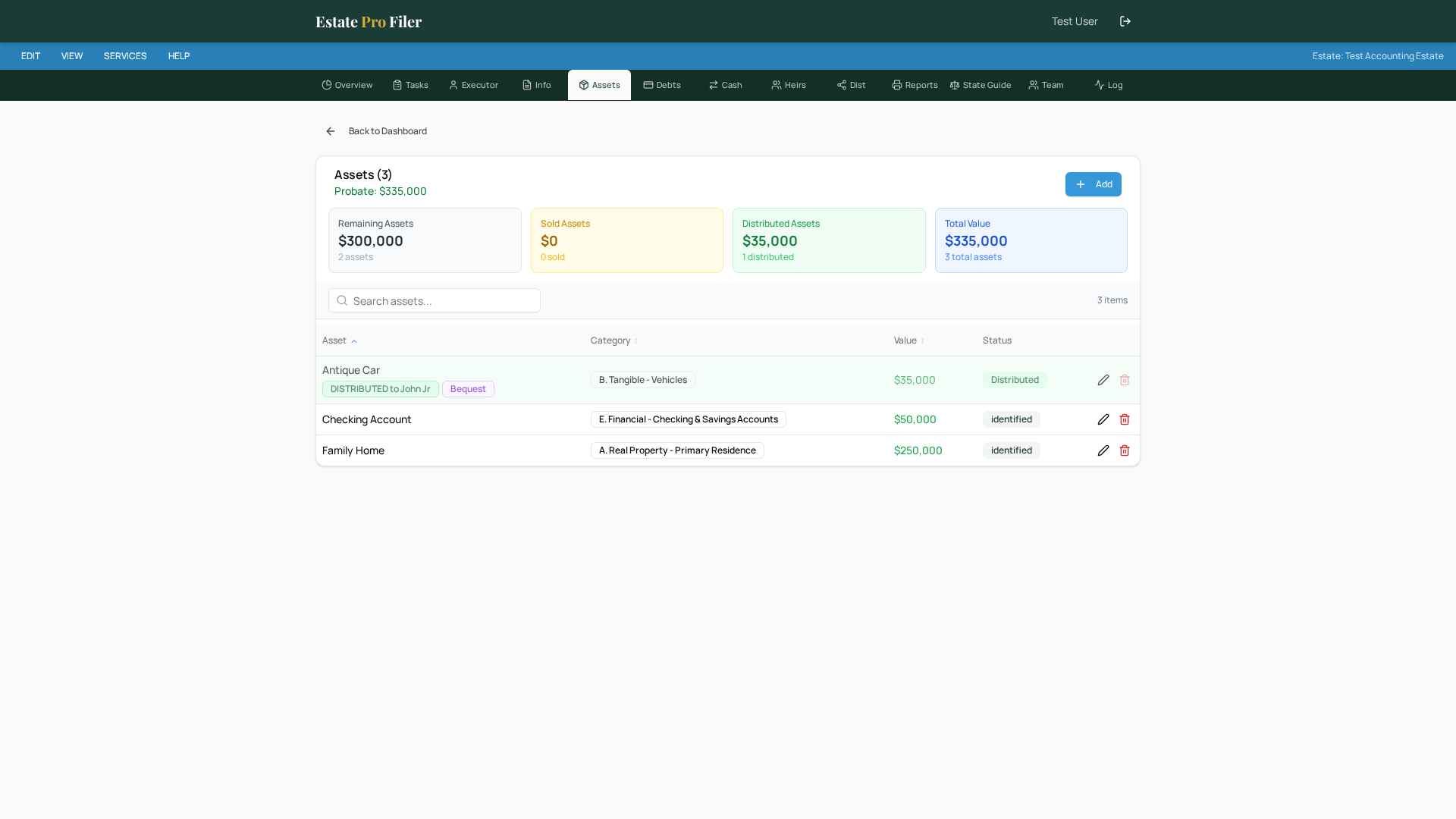EstateProFiler Assets ledger with $335,000 estate value, category breakdown, and distribution status