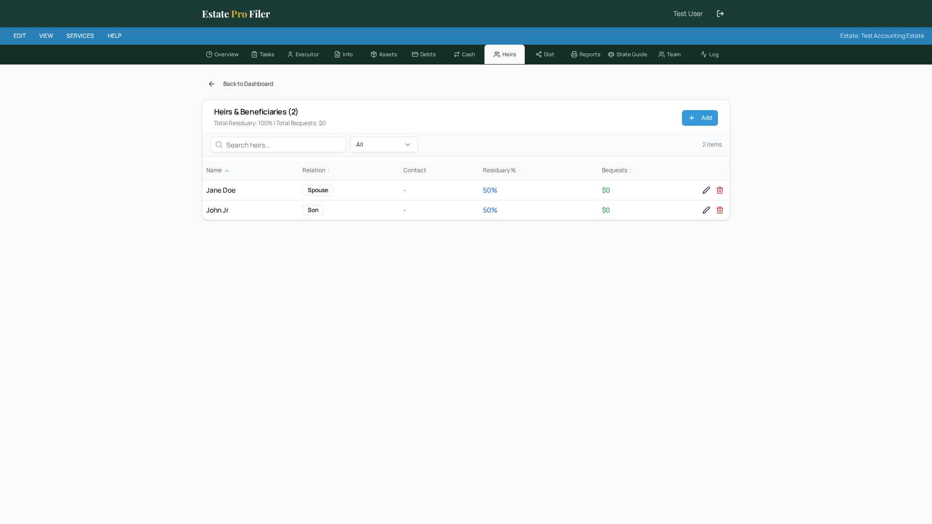 EstateProFiler Heirs view with two beneficiaries and 100% residuary distribution validation