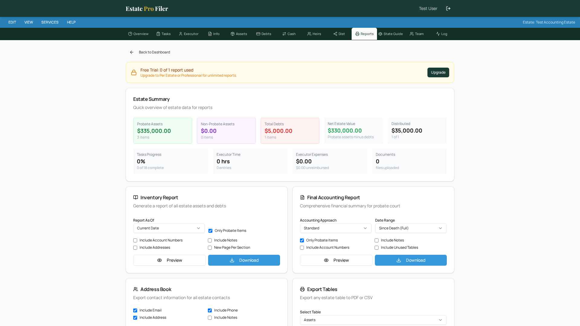 EstateProFiler Reports tab with Inventory, Final Accounting, and Address Book report generators