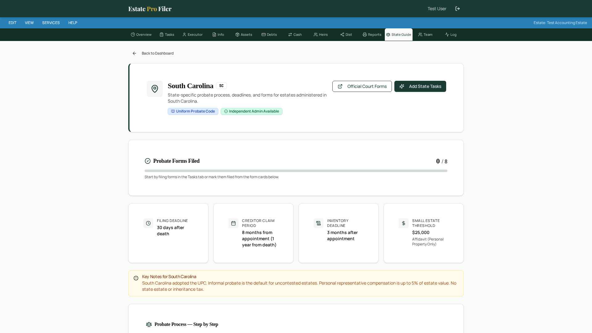 EstateProFiler State Guide tab showing South Carolina probate deadlines, court forms, and key notes
