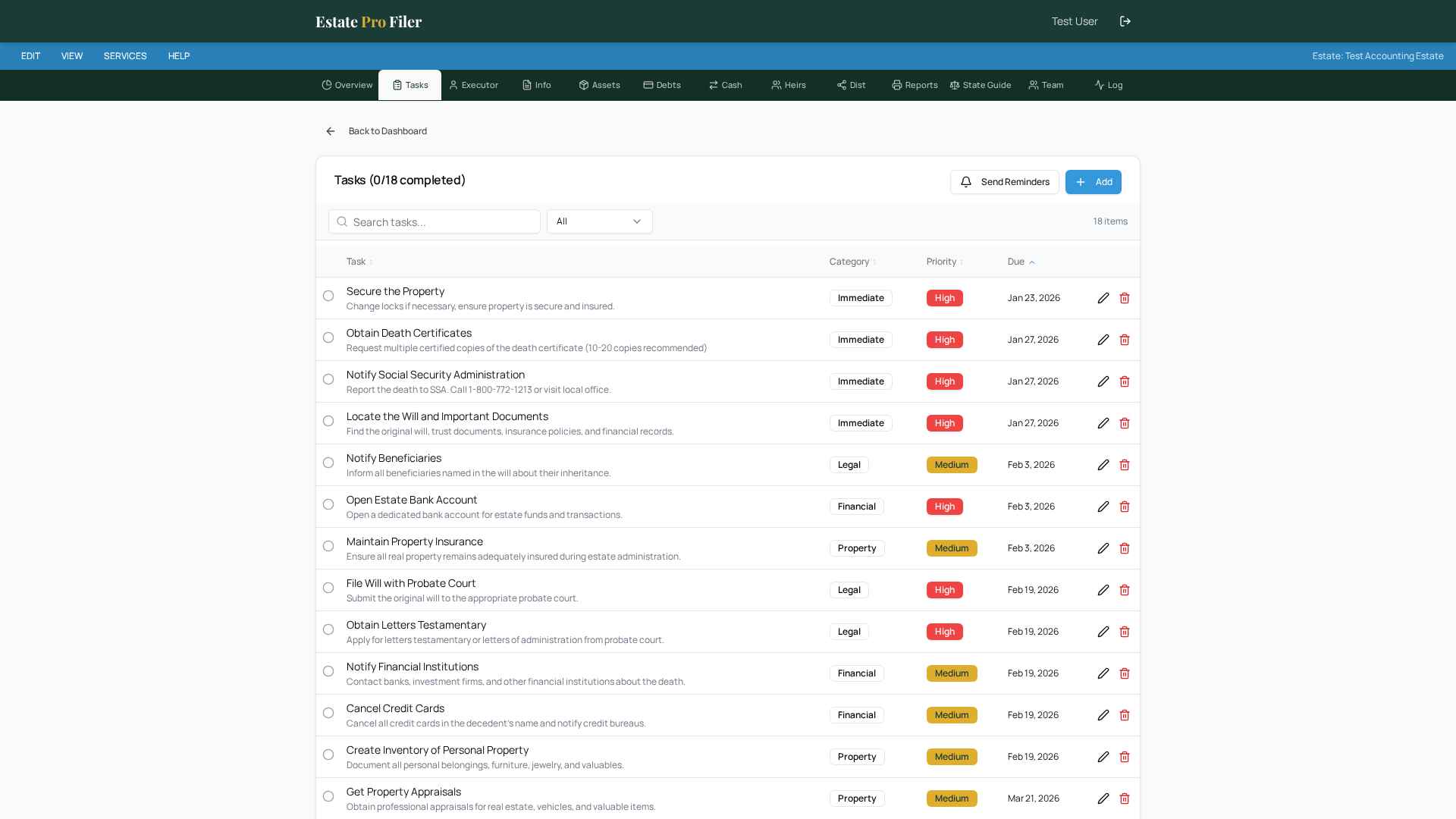 EstateProFiler Tasks view with 18 auto-generated probate tasks, priorities, and due dates
